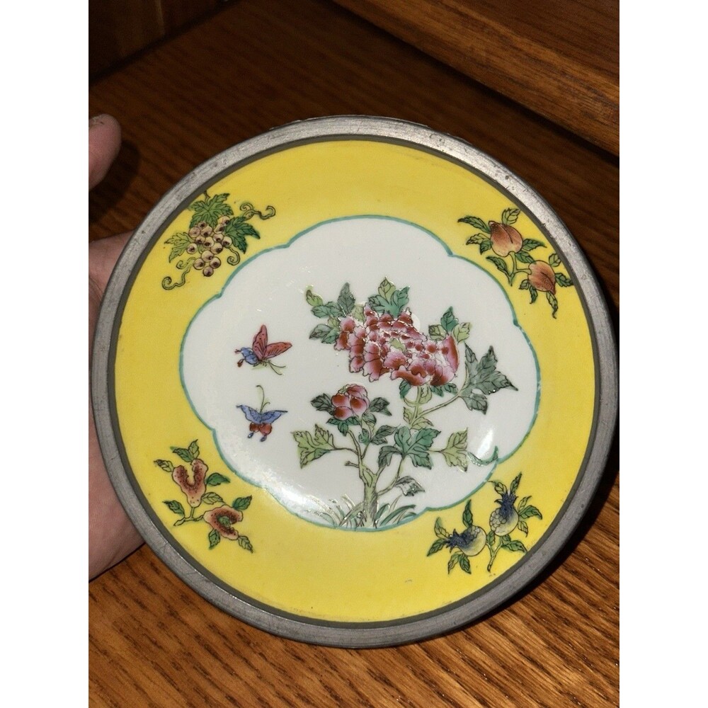 Japanese Canton Ware Porcelain Flowers Bush  Ashtray Hand Painted Pewter H.K.
